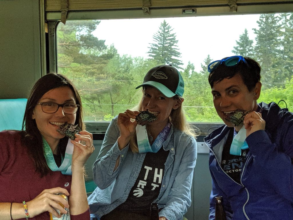 Sara, me, and Andrea on the North Shore Scenic Railroad Pizza Train after Grandma’s Marathon